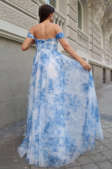 White Blue Flower Off the Shoulder A-Line Prom Dress with Slit